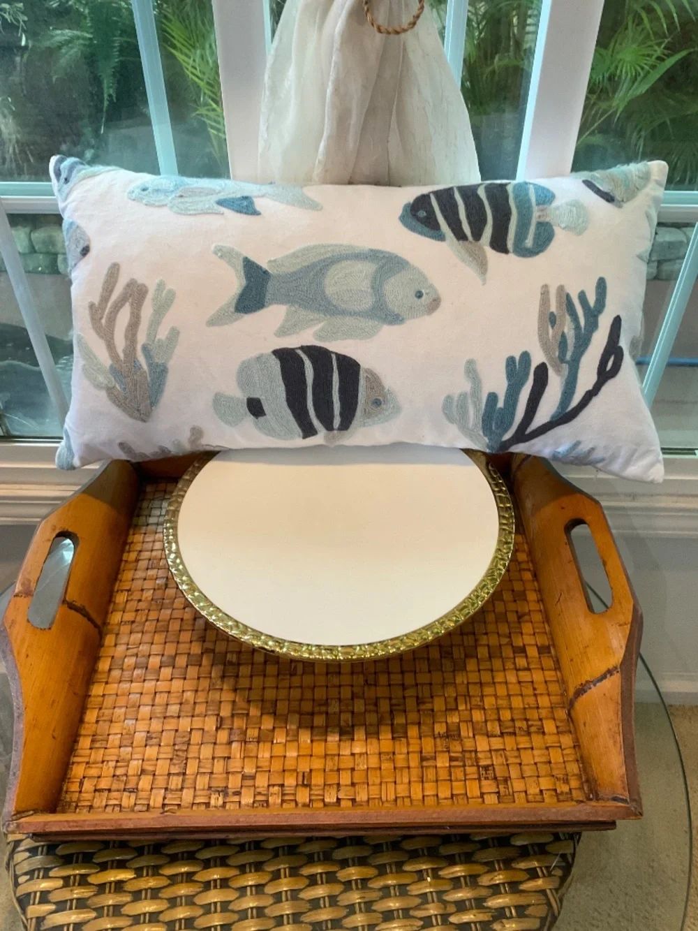 Blue & White Embroidered Knitted Fish Throw Pillow